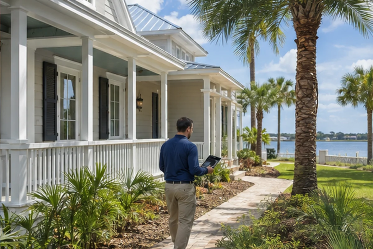 Jacksonville pest control professional inspecting a home exterior for pest entry evidence