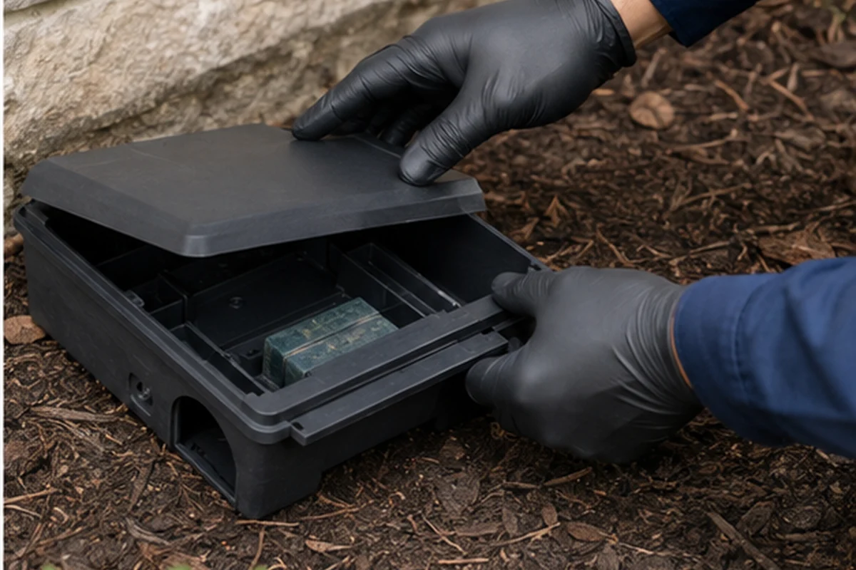 Secured rodent monitoring station placed during a Jacksonville pest-control service